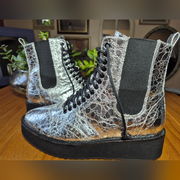 Shellys London Shoes - Shellys London Metallic Silver Platform clcombat Boots- Size 36 (US 6)